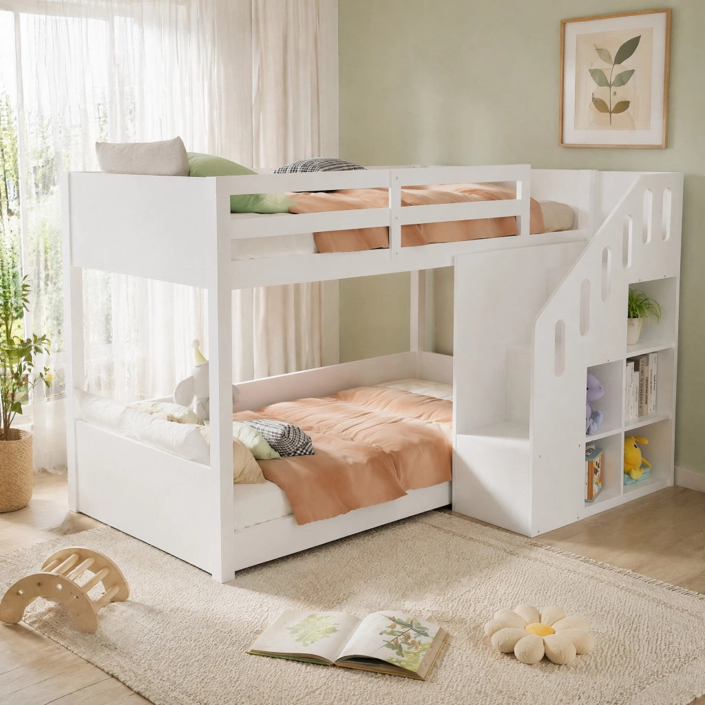LETTO a castello con scala contenitore 90x200 cm Legno massello Bianco