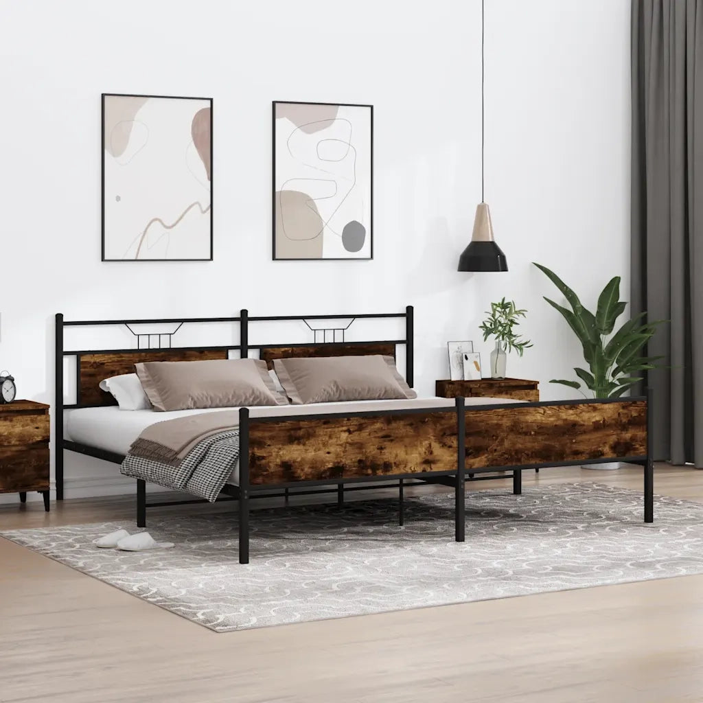 Letto matrimoniale | Letto per adulti | Giroletto senza Materaso in Metallo Rovere Fumo 193x201 cm