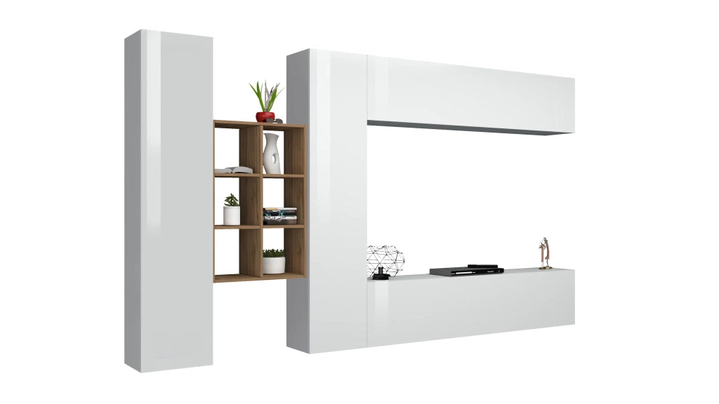 Parete attrezzata bianca mobile TV pensile sospeso 2 armadi libreria Sid WH