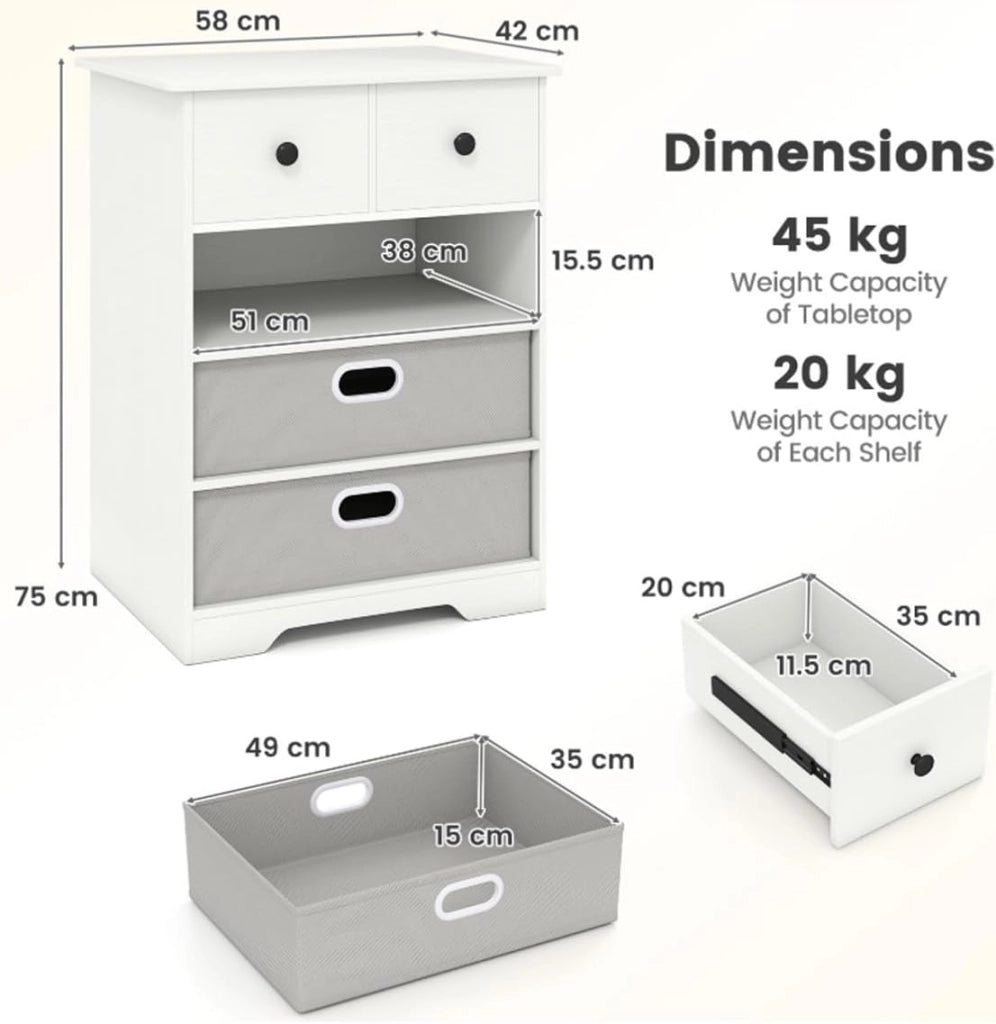 Comodino a 4 livelli, comodino a 4 cassetti, scomparto aperto, 2 cassetti in tessuto con posizione regolabile, cassettiera con kit antiribaltamento, per camera da letto, soggiorno, ufficio