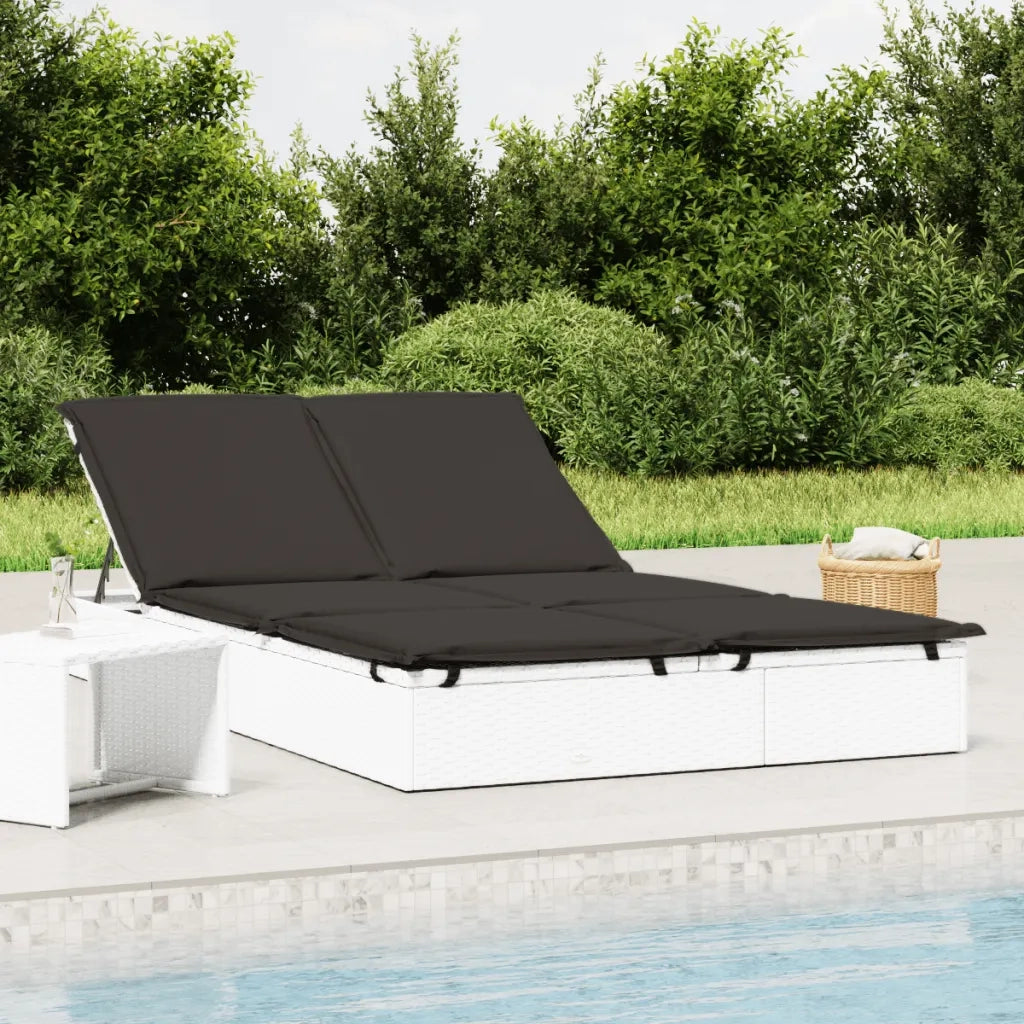 Lettino Prendisole | Sdraio da giardino | Lettino da sole 2 Persone con Cuscini Bianco in Polyrattan