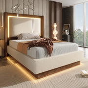 Letto singolo 90x200 cm in lino beige con LED; contenitore con alzata idraulica e rete a doghe