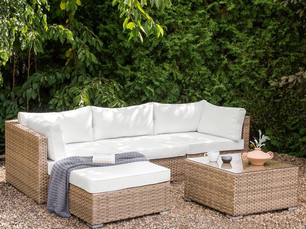 Set da giardino composto da divano con tavolino in rattan naturale lato destro 5 posti stile elegante