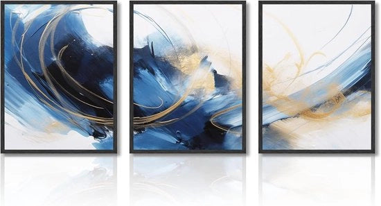 Decorazione per Parete Abstracta Poster Modern Blu Nero Oro - Decorazione per Camera da Letto e Salotto - Set di 3 - 30x40 cm - Senza Cornice