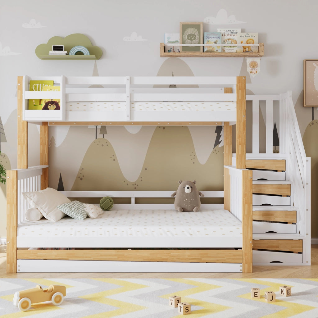LETTO a castello con letto estraibile, scala contenitore, 120x200 cm, bianco/naturale