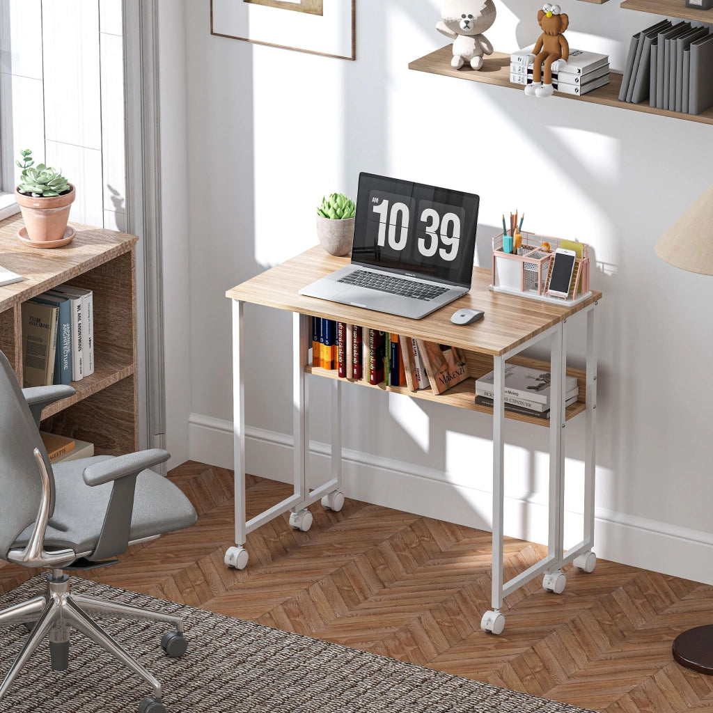 Scrivania Pieghevole con Ruote e Ripiano ¨C zephmum ¨C 80x50x75 cm Bianco e Naturale