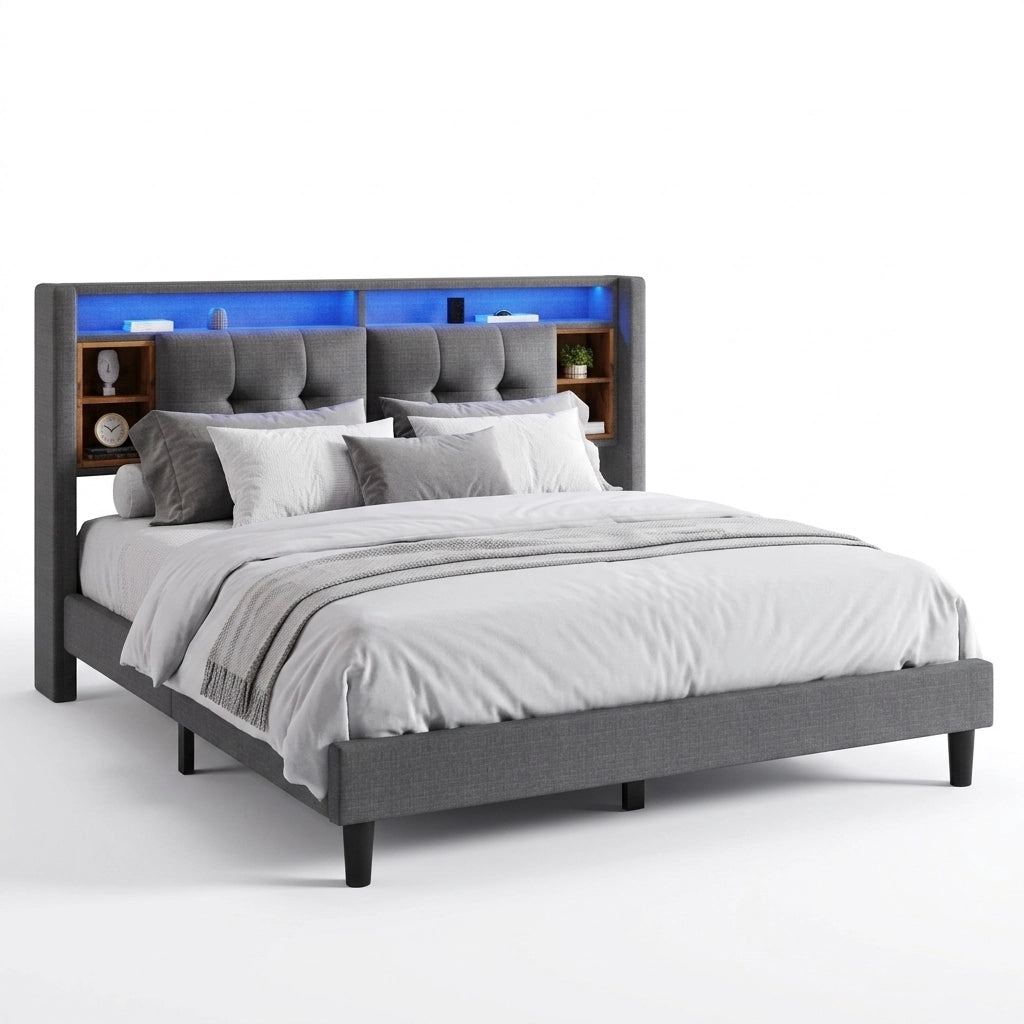 Letto Matrimoniale 160 x 200 cm; USB; 2 Prese e LED Regolabile - in Legno Massello - Grigio