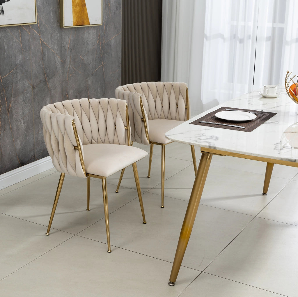 Sedia da pranzo in velluto avorio con schienale imbottito e gambe metalliche dorate
