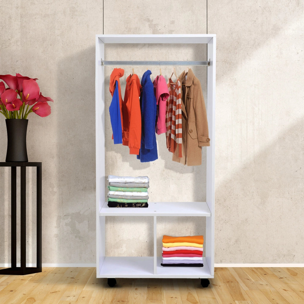 Guardaroba mobile con appendiabiti e ripiani ¨C Xylo ¨C bianco, 4 ruote, 60x40x128 cm