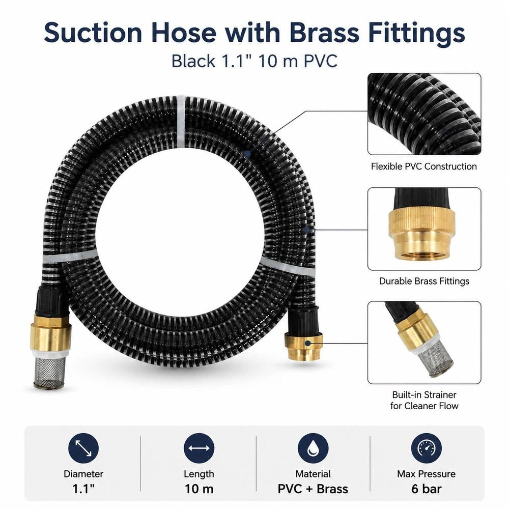 Suction Hose With Brass Fittings, Black, 1.1" 10 M PVC