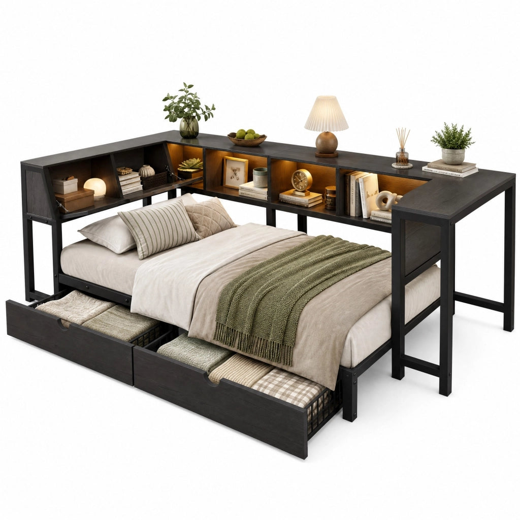Letto singolo multifunzione 90x200 cm con scrivania; LED e cassetti; nero