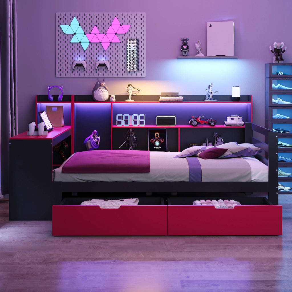 OKWISH Letto a Divano 90×200 cm, Letto Singolo con Scrivania, Libreria, 2 Cassetti, LED e Prese USB, senza Materasso, Nero e Rosso