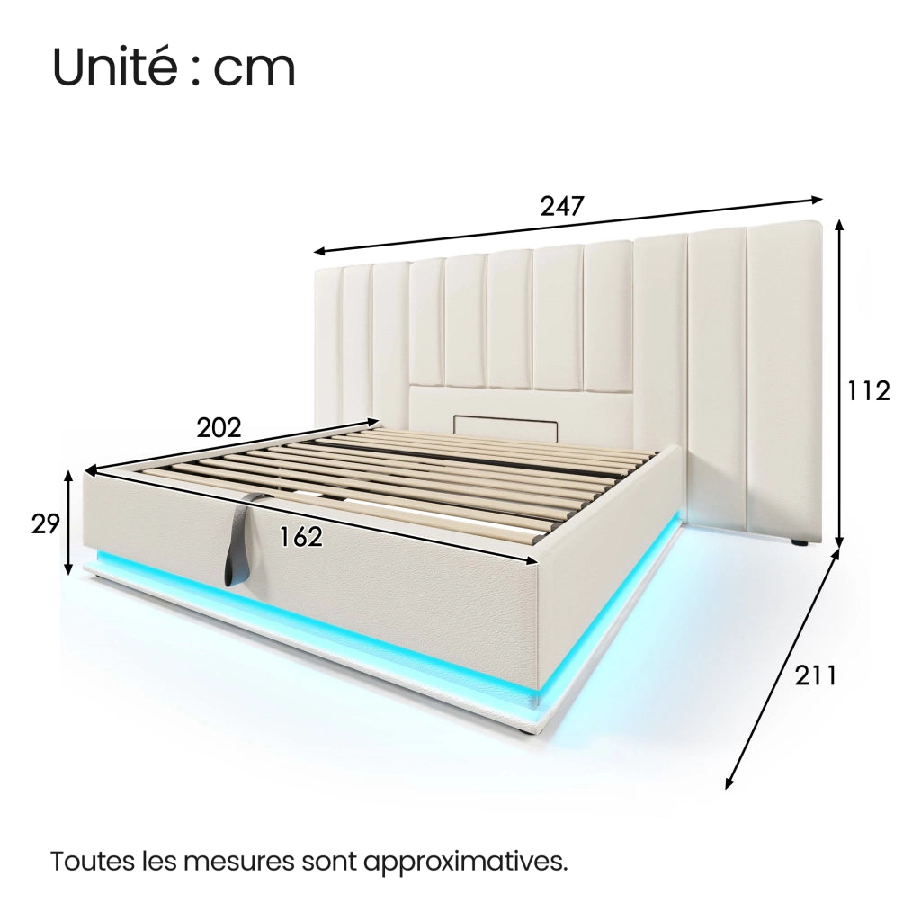 OKWISH Letto Contenitore 160×200 cm, Letto Matrimoniale con 3 USB, Type C, LED 360°, senza Materasso, in PU, Bianco