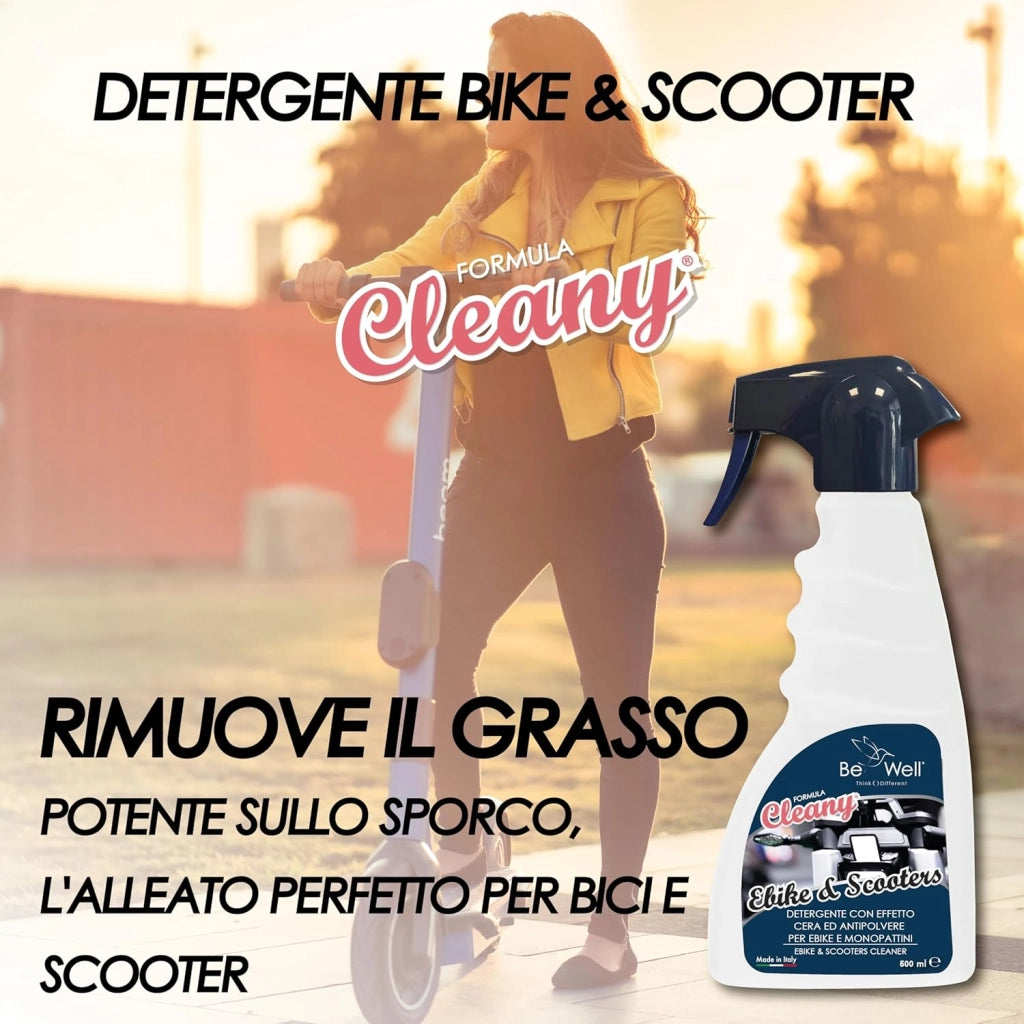 CLEANY Detergente Sgrassante Protettivo per Bicicletta, Ebike, Scooter, Monopattini – EFFETTO CERA Idrorepellente Detergente Professionale Spray 500 ml – Elimina Grasso e Incrostazioni, Brillantezza