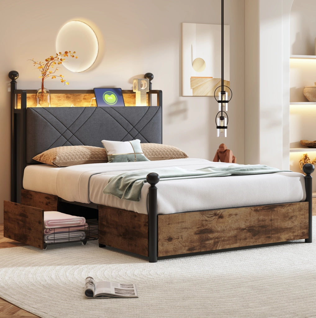 Letto singolo multifunzione 90x190 con LED, USB/Type-C e contenitori