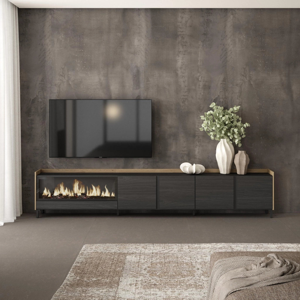 Mobile TV Soggiorno, 315x61x35 cm, Per TV fino a 80", Camino elettrico XXL, Design industriale, Nero e rovere