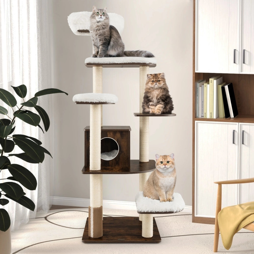 Albero in truciolato per gatti con piattaforme multilivello, Albero attivit¨¤ con tiragraffi e colonne 179cm Marrone-Alberi Tiragraffi