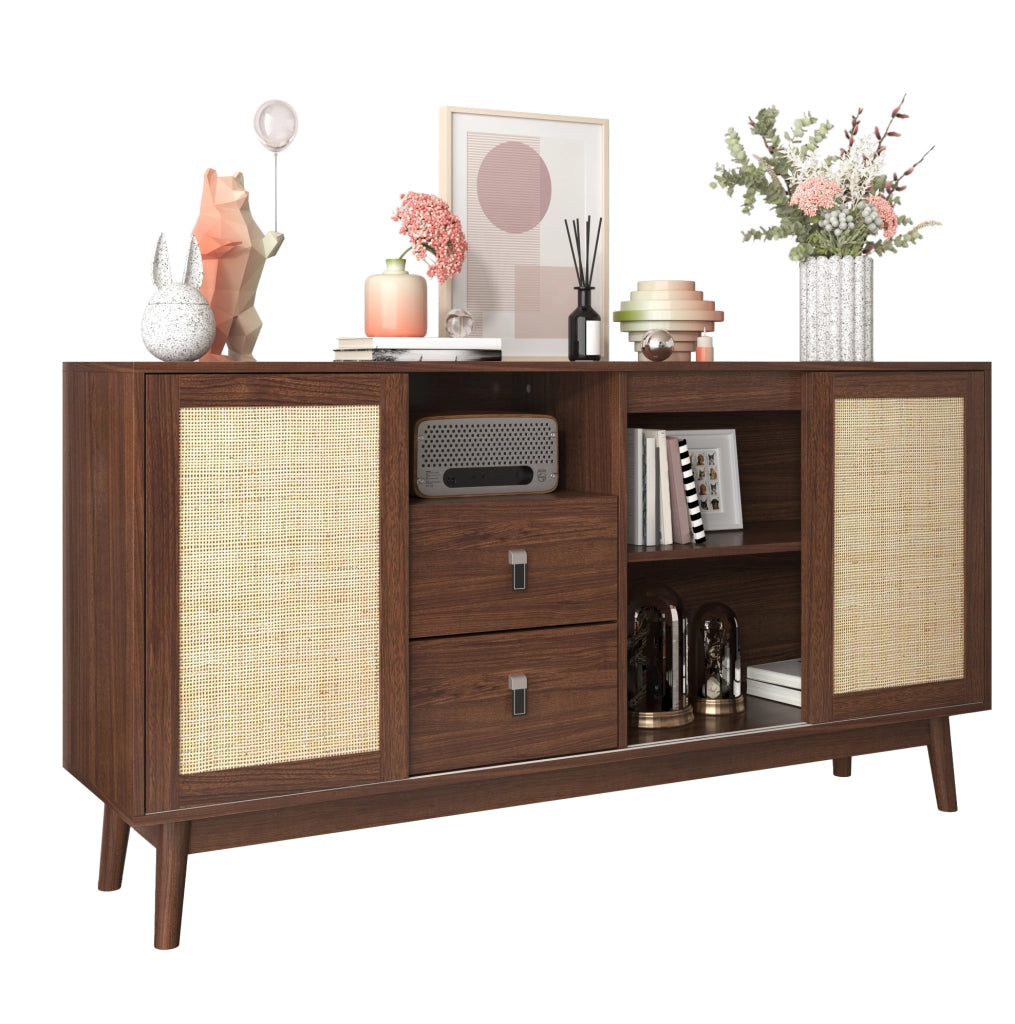 Credenza 155x38x80 cm con 3 ante scorrevoli in rattan e 2 cassetti; MDF e pannello truciolare