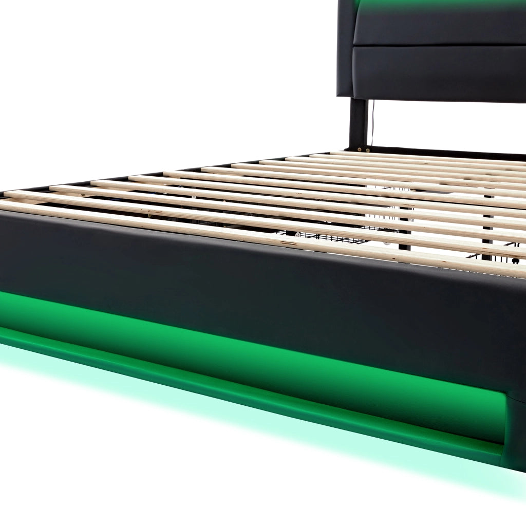 DESMIU Letto matrimoniale 140 × 200 cm 2 posti con USB, LED, 4 cassetti, senza materasso, in PU, nero