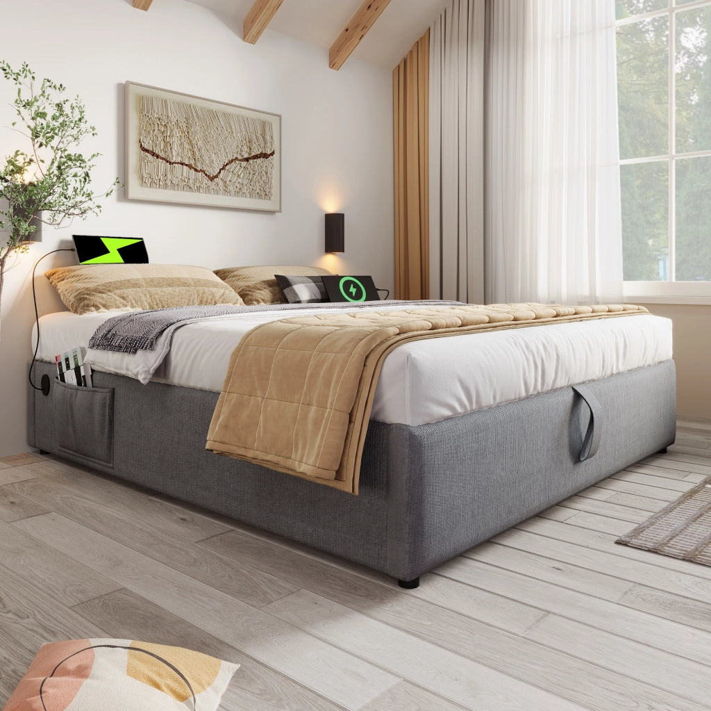 Letto contenitore 160x200 cm grigio con USB/Type-C e base in legno massello
