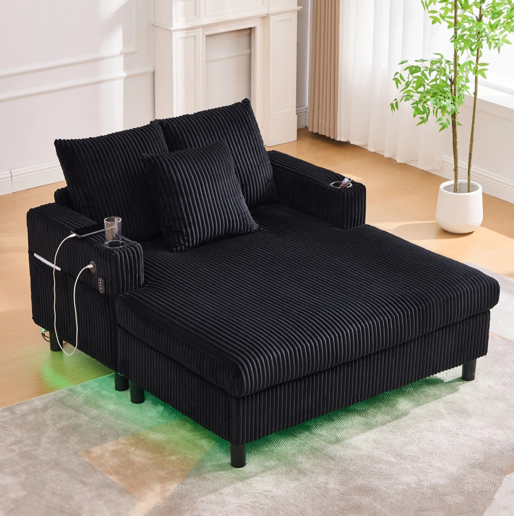Poltrona relax 142x128x85 cm con LED; porta bicchiere e USB in corduroy nero