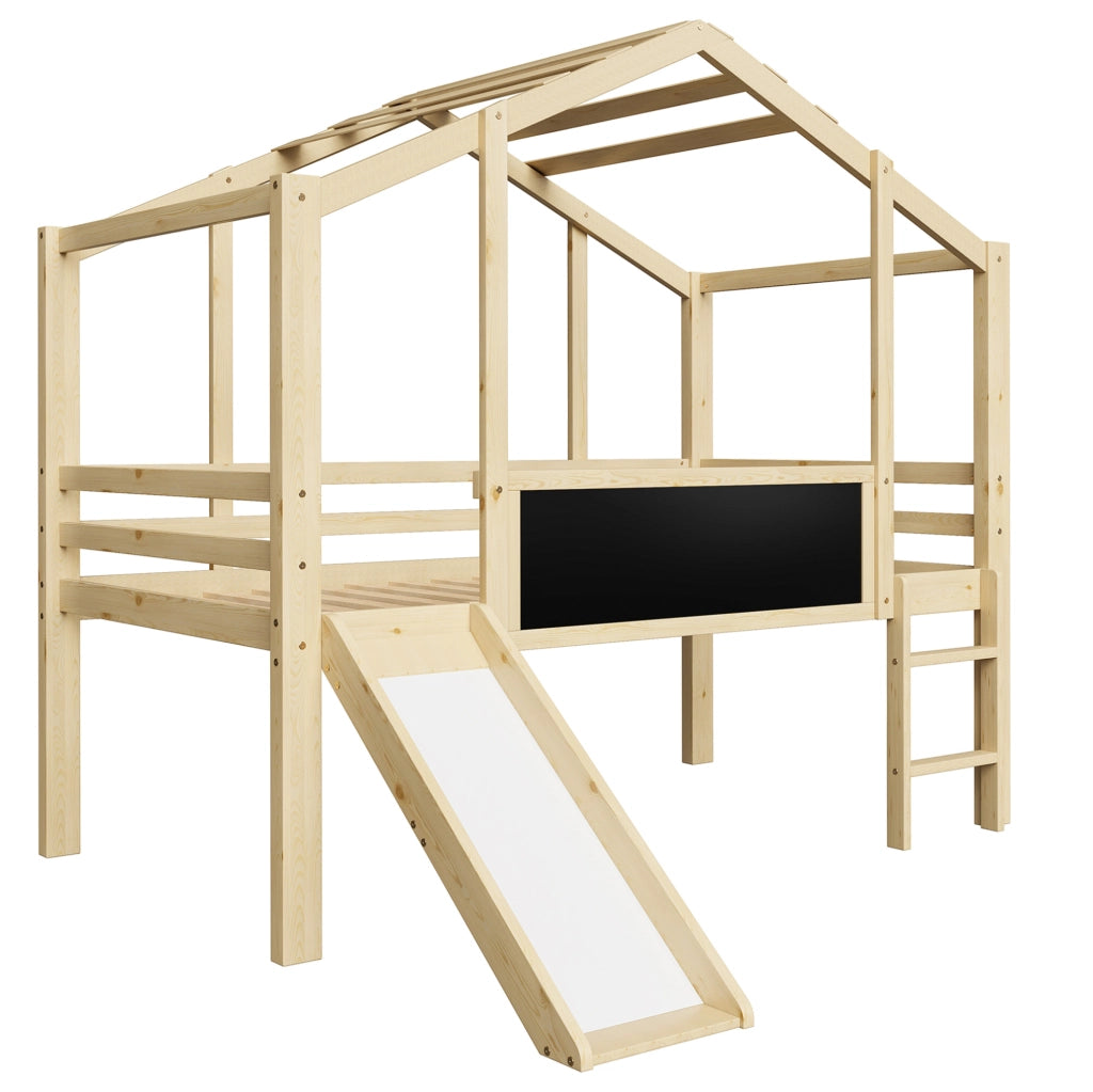 Letto a soppalco per bambini 90x200 cm in legno massiccio; stile casetta con scivolo e lavagna; naturale