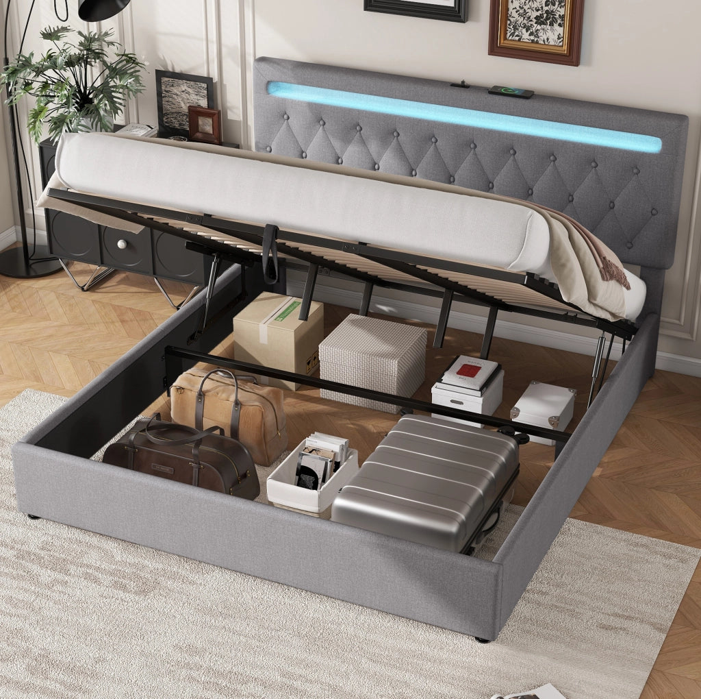 Letto matrimoniale imbottito 180x200 cm con LED, USB e vano contenitore
