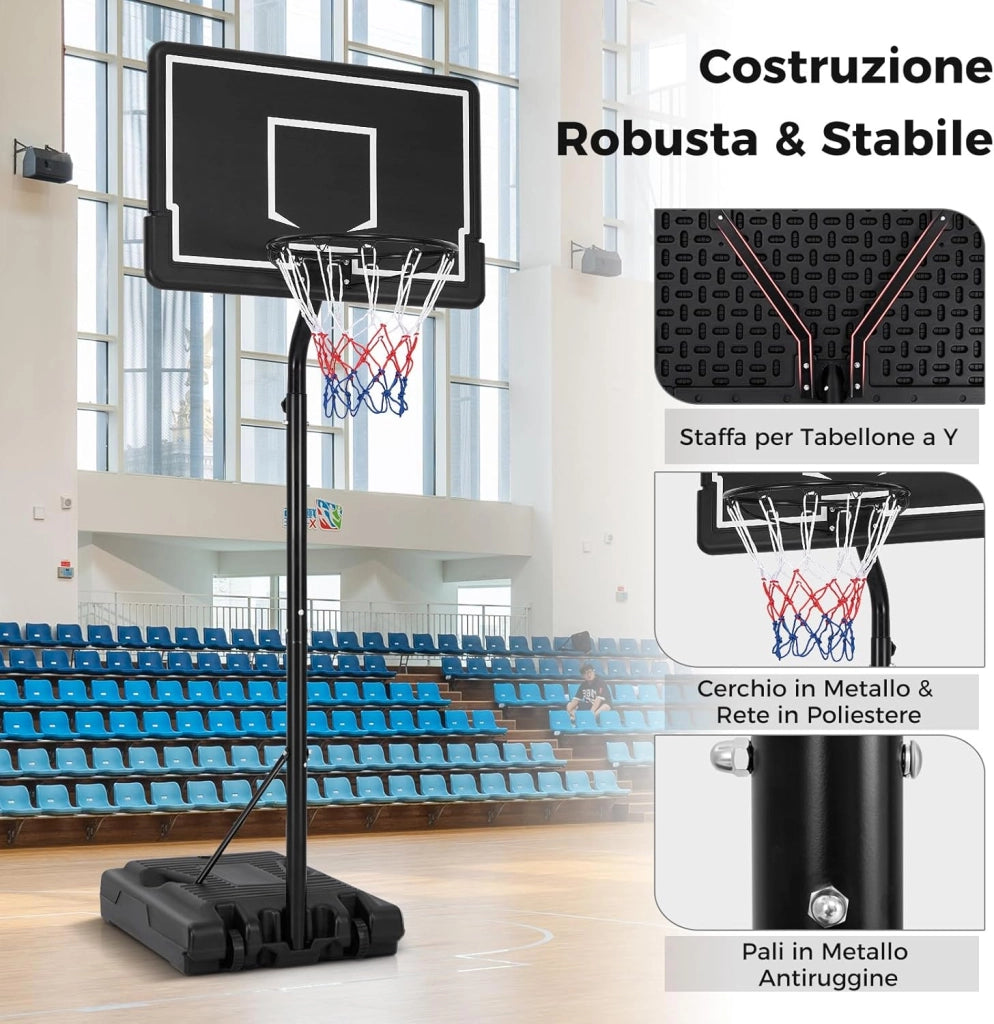 Canestro da Basket Portatile e Regolabile da 2,1 a 2,6 m, Canestro da Basket da Interno e Esterno con Base Riempibile, Tabellone in Policarbonato Antiproiettile e Ruote