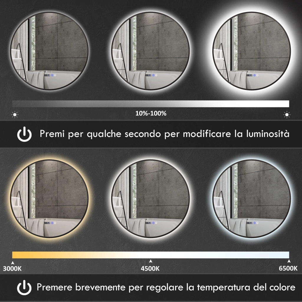 Specchio Bagno con Luce LED a 3 Tonalità Ø70 cm Antiappannamento e Display Tempo e Temperatura Nero