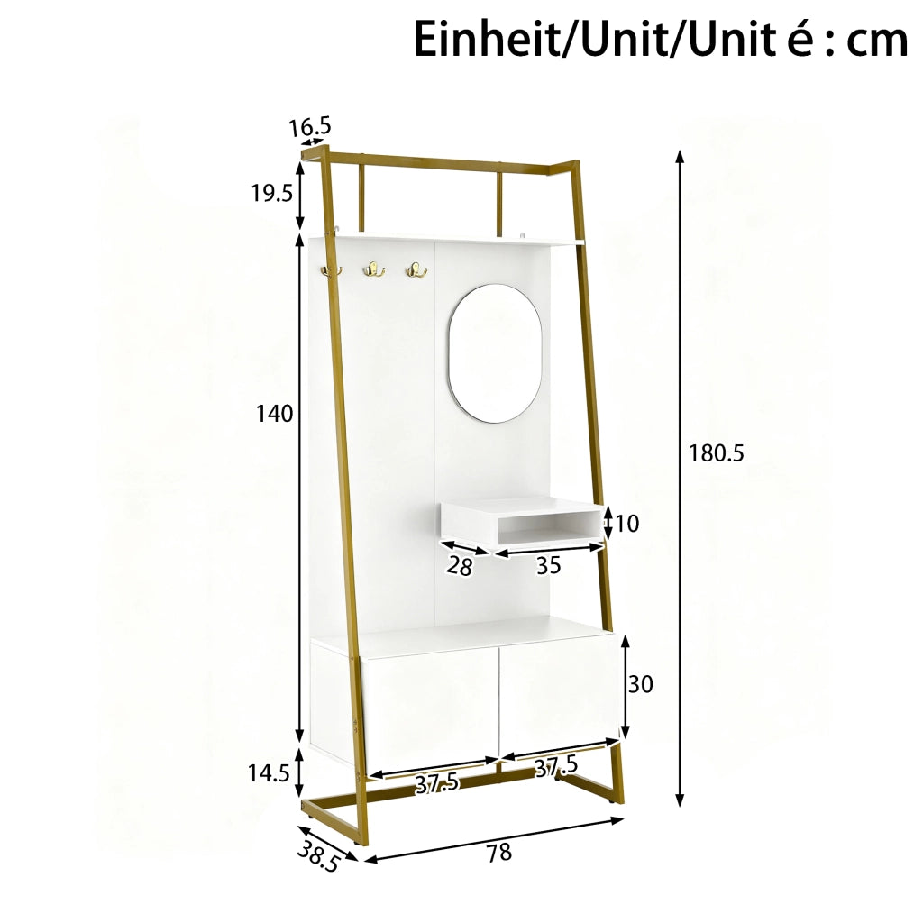 Mobile d'Ingresso con Specchio; 2 Ante; Ripiano Aperto e Ganci in Metallo; Stile Moderno; in MDF; 78??38;5??180;5 cm; Bianco