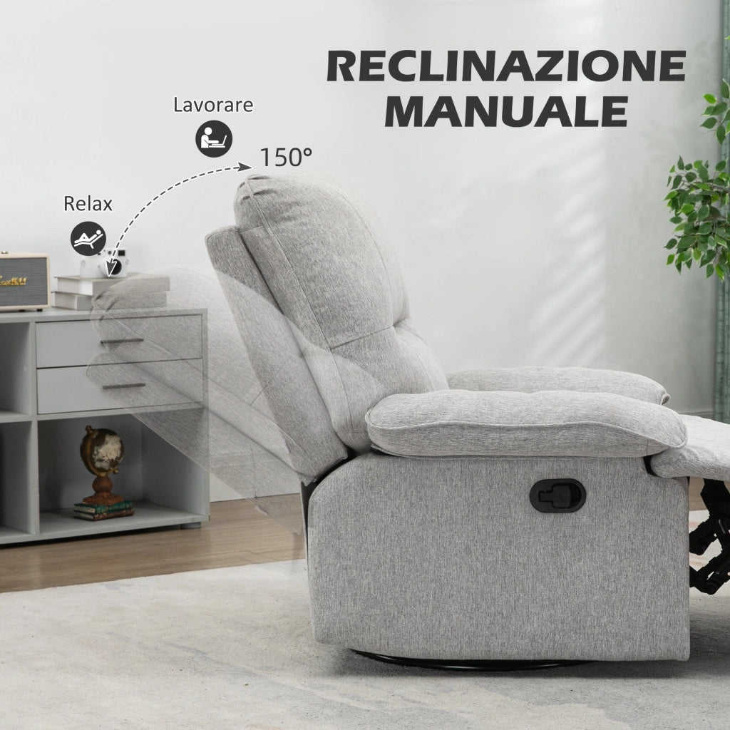 Poltrona Relax Reclinabile 150° con Poggiapiedi 89x98x101 cm in Tessuto Effetto Lino Grigio Chiaro