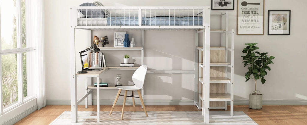 LETTO a soppalco 140x200 cm in MDF e metallo Bianco con scrivania e armadio