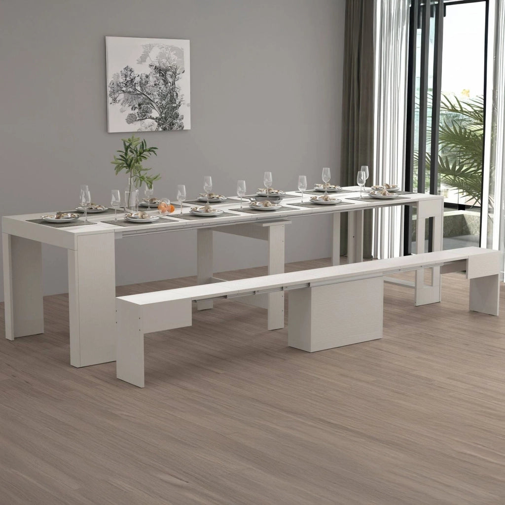 Panca Yutu, Seduta per tavolo da pranzo, Panca singola allungabile, 290x25h45 cm, Bianco