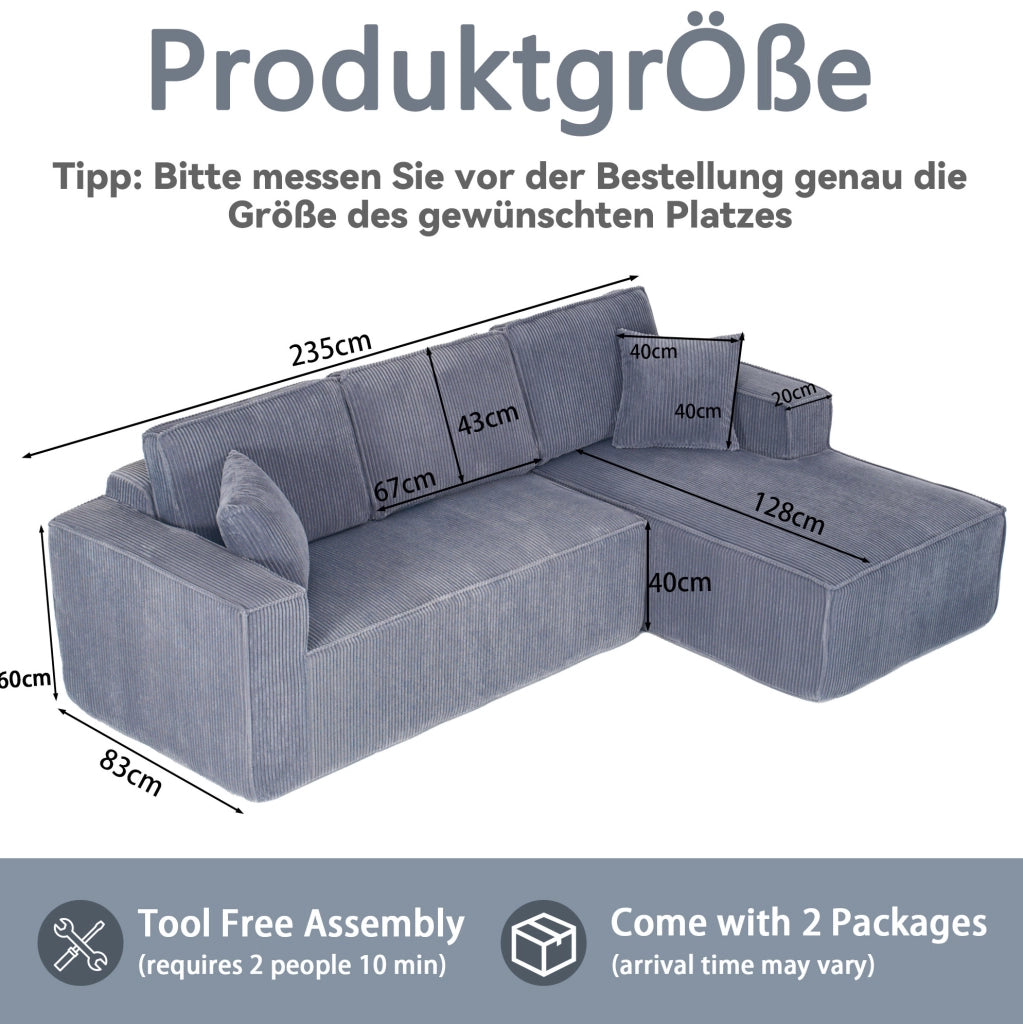 Divano angolare modulare a L 235x128x60 cm in velluto a coste grigio; con chaise longue