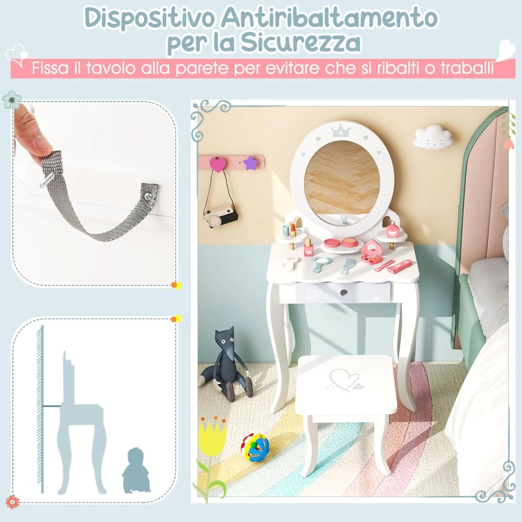 Toeletta Trucco 2 in 1 per Bambina, Specchiera Staccabile per Ragazza in Legno con Sgabello, Cassetto, Ripiani e Giocattoli, Postazione Trucco per 3 Anni, 50 x 34 x 93 cm, Bianco（Modello 1）