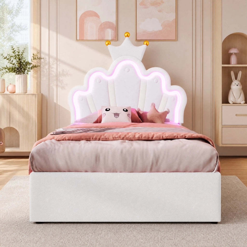 Letto imbottito 90x200 cm con LED, 2 cassetti e testiera regolabile