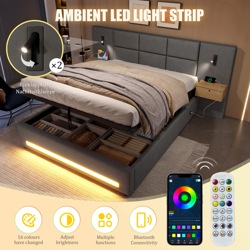 Letto contenitore 180 × 200 cm con cassetti nella testiera, LED, USB Type-C, senza materasso, in velluto, grigio scuro