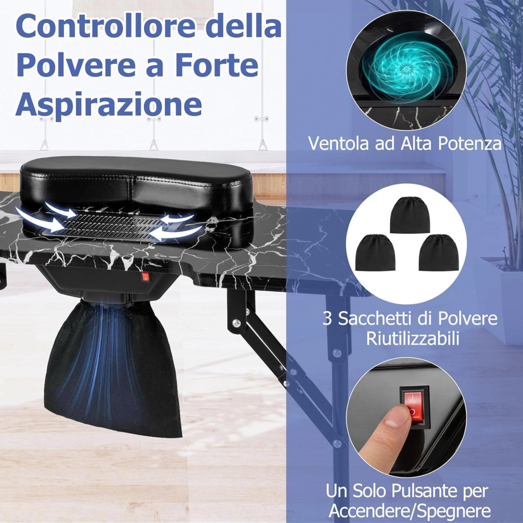 COSTWAY Tavolo per Manicure Pieghevole con Aspiratore Elettrico, Tavolo per Unghie Portatile con Luce LED, Cuscino Poggia Polso Clienti, Borsa e 4 Ruote Bloccabili (Nero)