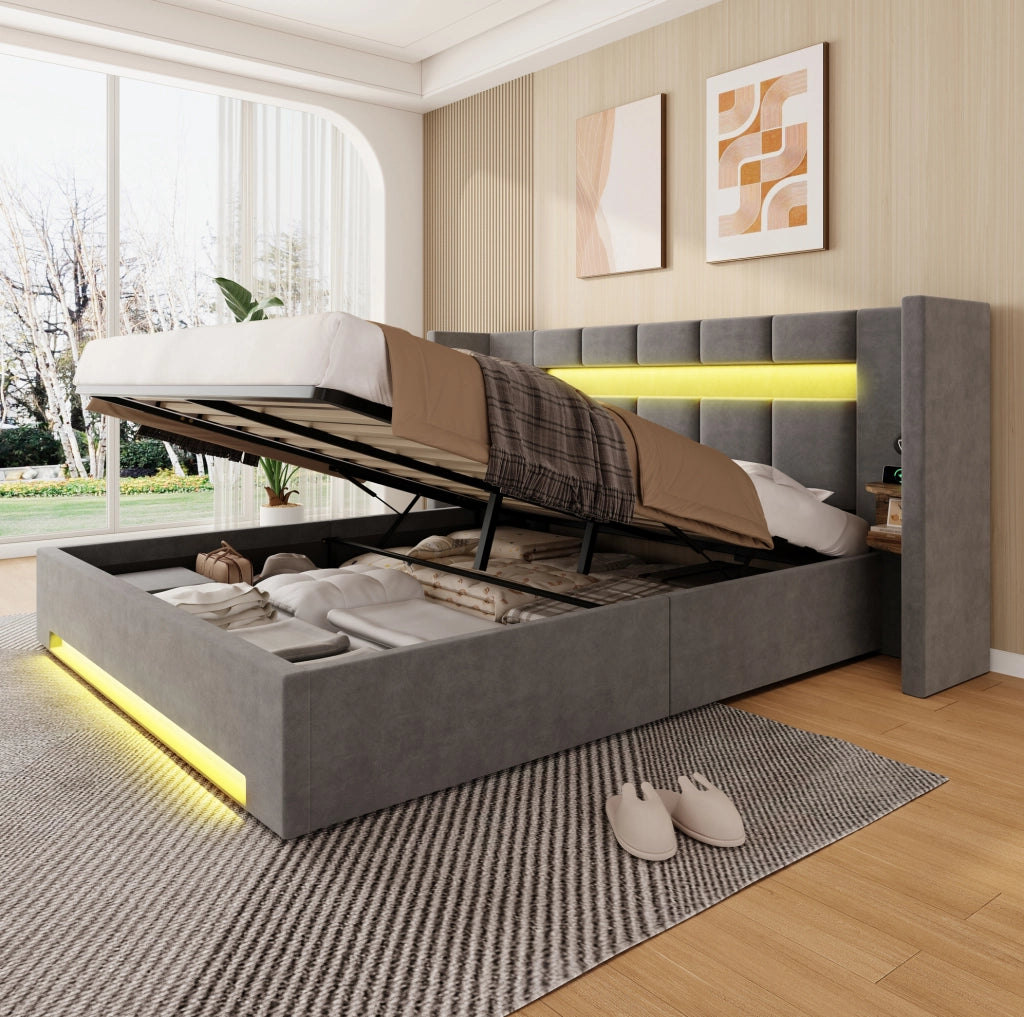Letto matrimoniale 180x200 cm con contenitore idraulico; USB e LED in velluto grigio scuro