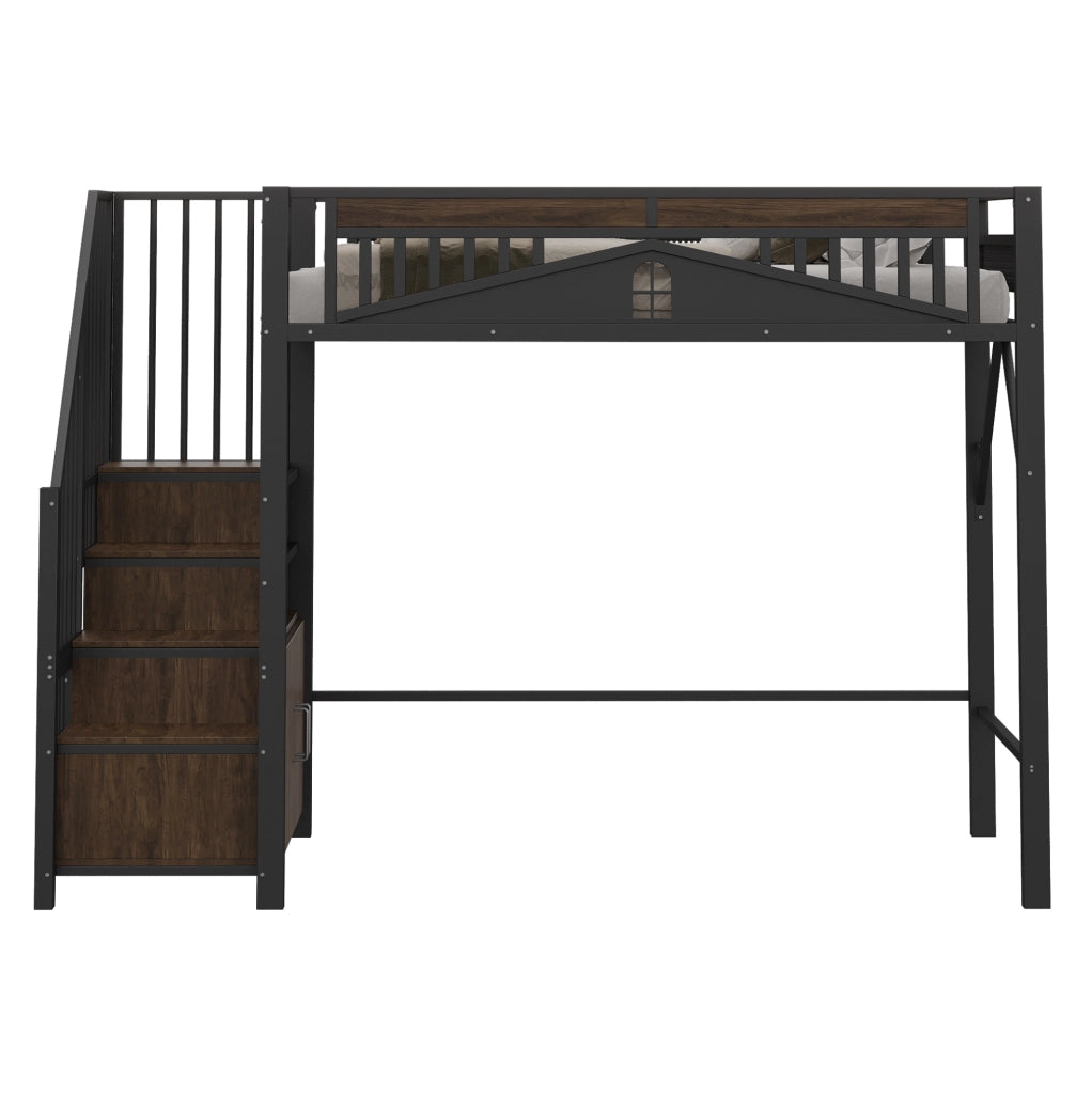 Letto a soppalco 90x200 cm in metallo e legno con scala contenitore; armadietto e barriera nera