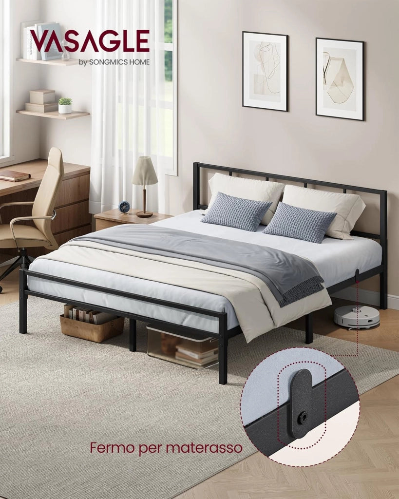 VASAGLE Telaio letto matrimoniale 160 x 200 cm, telaio letto con rete a doghe, testiera, letto in metallo, portata fino a 500 kg, facile da montare, per camera da letto, colore nero inchiostro