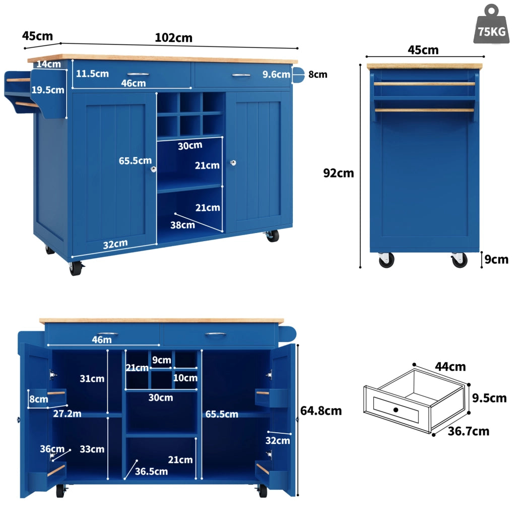Isola cucina 102x45x92 cm con ruote bloccabili e spazio laterale; MDF e metallo; blu