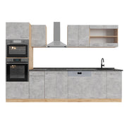 Cucina componibile R-Line Calcestruzzo/Rovere dorato 300 cm con armadio alto, PL Antracite Vicco