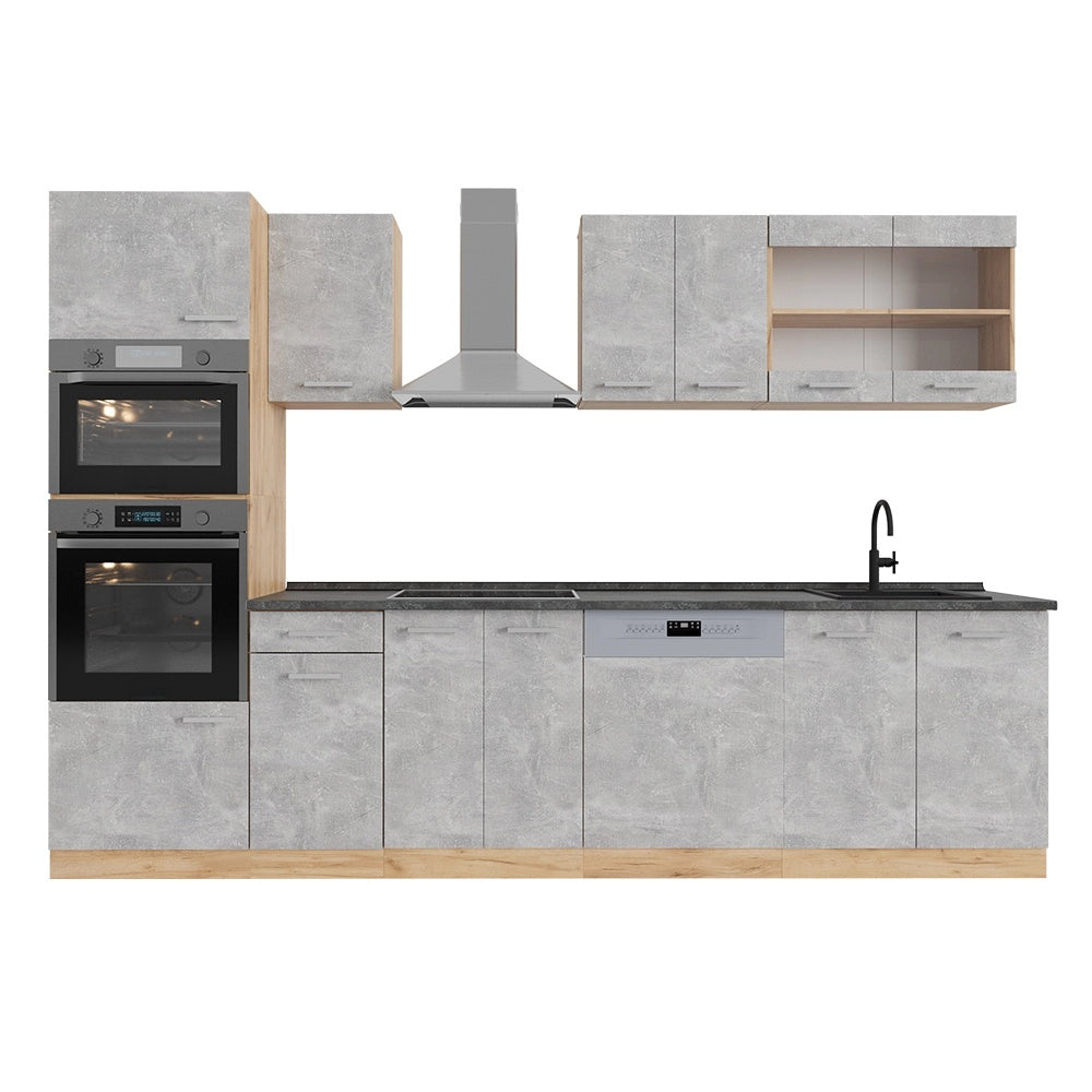 Cucina componibile R-Line Calcestruzzo/Rovere dorato 300 cm con armadio alto, PL Antracite Vicco