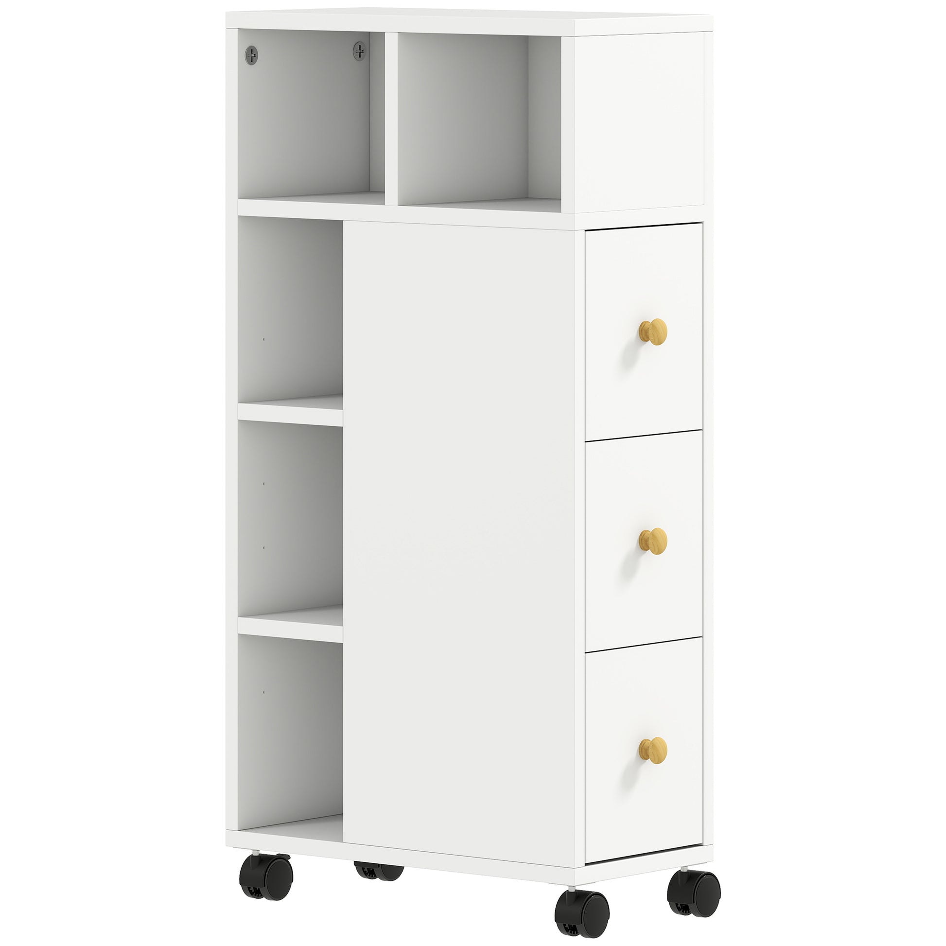 Mobiletto Bagno Salvaspazio 20x40x80 cm con Ruote 3 Cassetti e 5 Vani con Ripiani Regolabili Bianco
