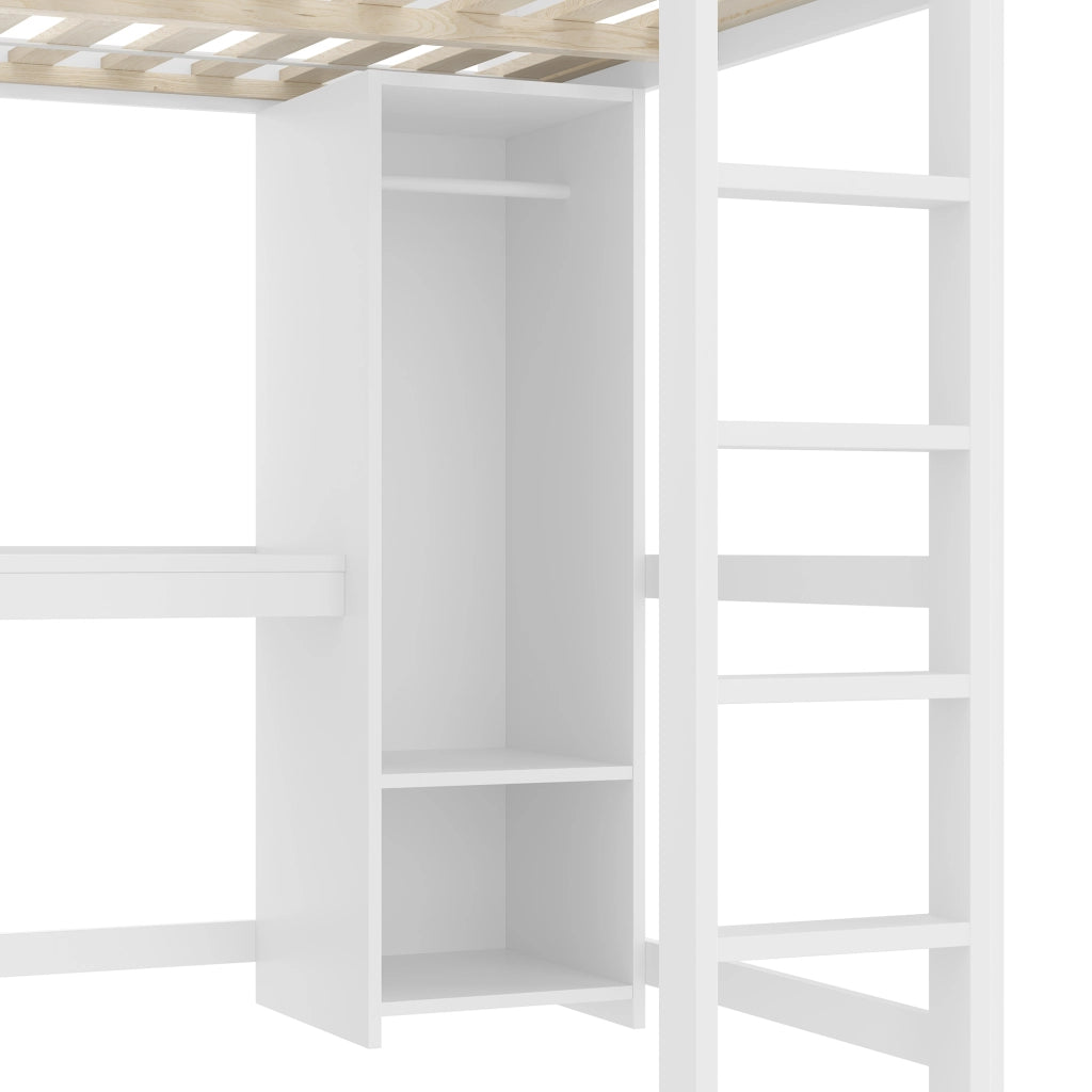 OKWISH Letto a soppalco 140×200 cm, Letto Matrimoniale con Scrivania, Armadio e Scaffali Contenitore, senza Materasso, in Pino, Bianco
