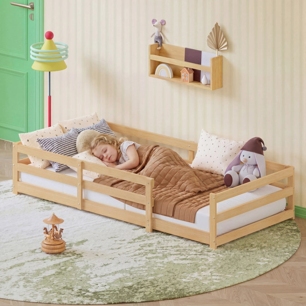 Letto per bambini 90 × 200 cm con barriera di sicurezza a 4 lati, senza materasso, in legno di pino, naturale