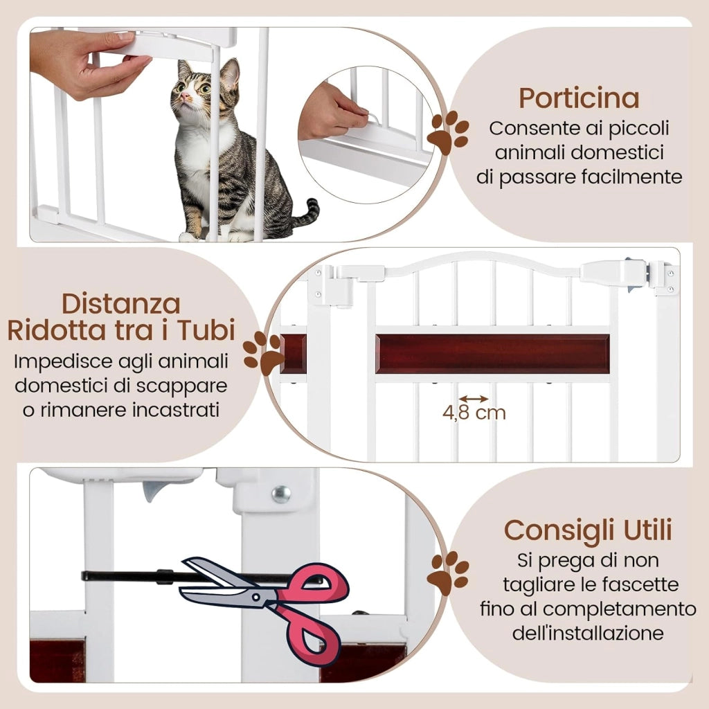 Cancello per Cani per Aperture da 74 a 104 cm, Recinto Espandibile con 2 Prolunghe, Installazione Senza Fori con Supporti, Doppia Chiusura, Cancello Metallico per Scala e Ingresso (Bianco)