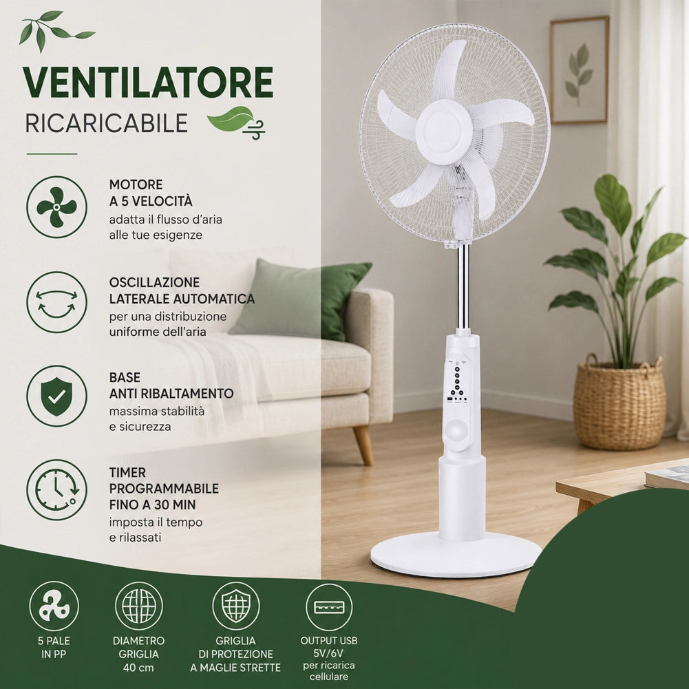 Ventilatore da Terra 105cm Ricaricabile Diametro 40cm potenza 55W e Telecomando