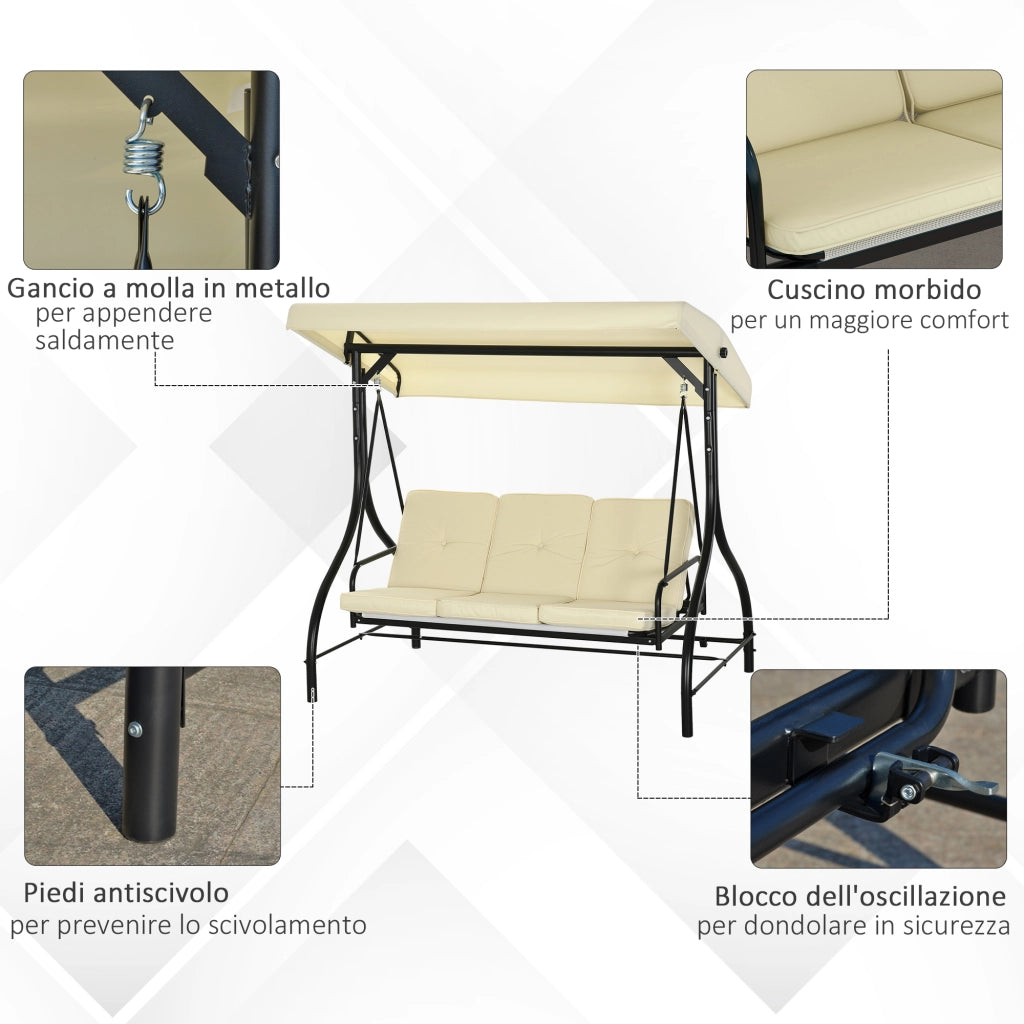 Dondolo da Giardino 3 Posti con Tettuccio Regolabile, in Metallo e tessuto Teslin, Beige e Nero